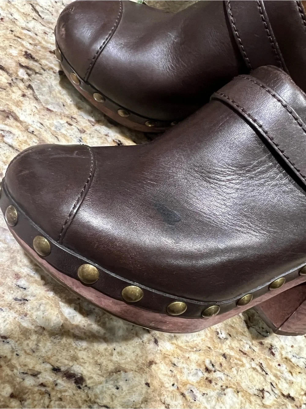 Chanel Brown Leather Interlocking CC Studded Platform Clog Mules 37.5